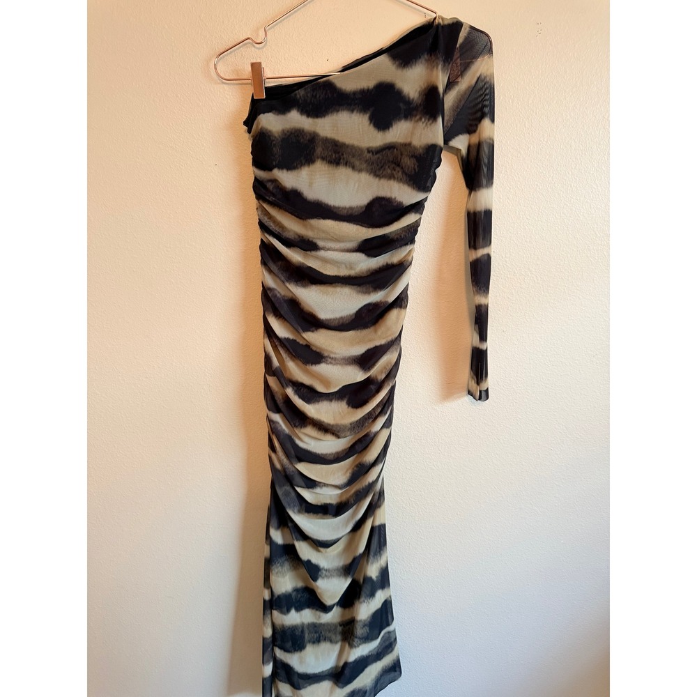 Zara Dress Women Small Black Tan One Shoulder Ruched Mesh Tie Dye Midi Bodycon - Picture 8 of 10